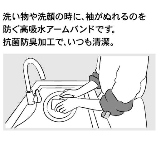 アームバンド　ココチエナ　ココバンド　袖　肘　洗い物　洗顔　便利　ネイビー 肘までカバーするネイビーのアームバンドが伸びている様子