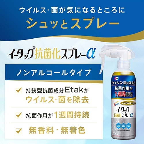 イータック抗菌化スプレーα　ノンアルコールタイプ　本体　250mL　1本 透明のスプレーボトルが斜め上から見える状態、キャップは閉まっている。
