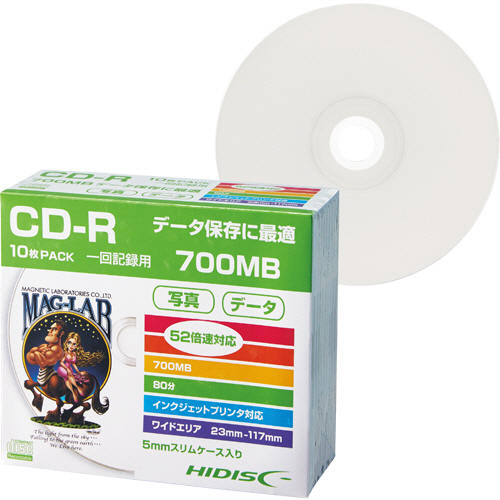 ﾃﾞｰﾀ用CD-R 700MB 52倍速 ﾎﾜｲﾄﾜｲﾄﾞﾌﾟﾘﾝﾀﾌﾞﾙ 5mmｽﾘﾑｹｰｽ 1ﾊﾟｯｸ(10枚)画像
