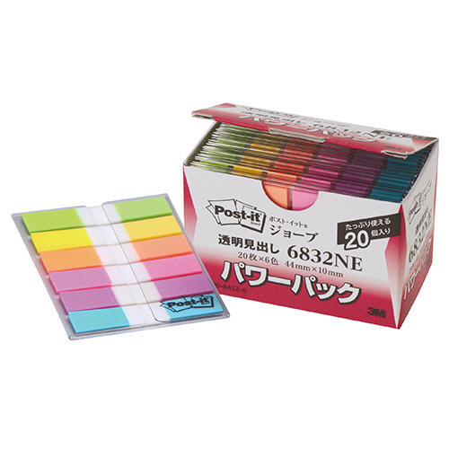 ﾎﾟｽﾄ･ｲｯﾄ ｼﾞｮｰﾌﾞ ﾊﾟﾜｰﾊﾟｯｸ 透明見出し 44×10mm 6色×20ﾊﾟｯｸ 1箱画像