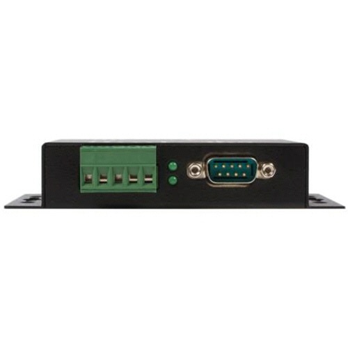 産業用USB-1ポートRS422/RS485シリアル変換絶縁型アダプタ　ブラック　1個 細長い形状のアダプタがテーブルの上に置かれている様子で、コネクタ部分が正面に向いている。