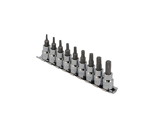 ヘクスローブビットソケットセット　9PCS　3/8DR 多様なサイズのビットが整然と並び、黒いケースに収められた様子。