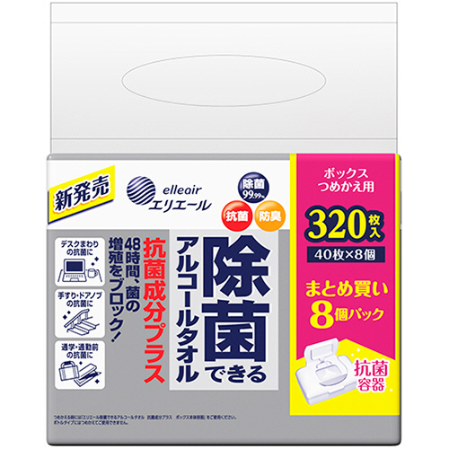 ｴﾘｴｰﾙ除菌できるｱﾙｺｰﾙﾀｵﾙ 抗菌成分+ BOX詰替 1ｾｯﾄ(1280枚:320枚×4ﾊﾟｯｸ)画像