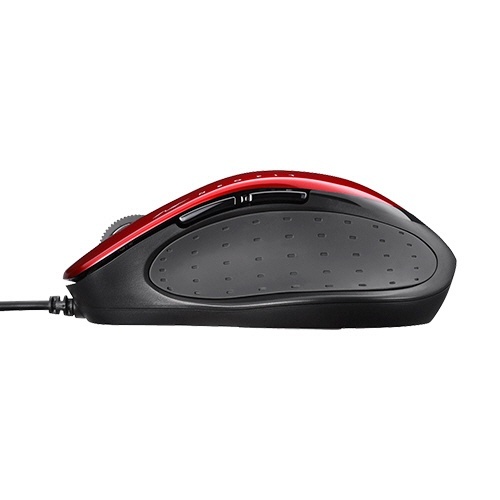 有線 BlueLED 5ボタン ネオフィットマウス Mサイズ レッド 1個 赤い有線マウスが正面を向いており、5つのボタンが明瞭に見える。