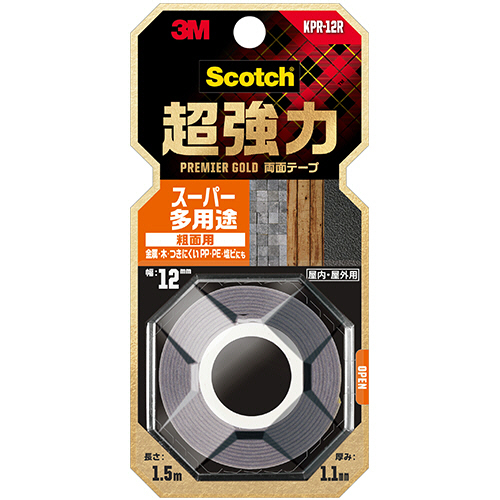ｽｺｯﾁ 超強力両面ﾃｰﾌﾟ ﾌﾟﾚﾐｱｺﾞｰﾙﾄﾞ (ｽｰﾊﾟｰ多用途) 粗面用 12mm×1.5m 1巻画像