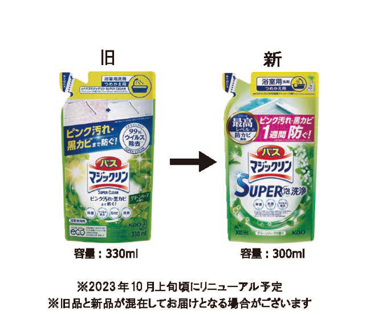 バスマジックリンSUPER泡洗浄 ハーブ 替300 24入/ケース パッケージの前面が正面を向いており、鮮やかなデザインが目を引く状態