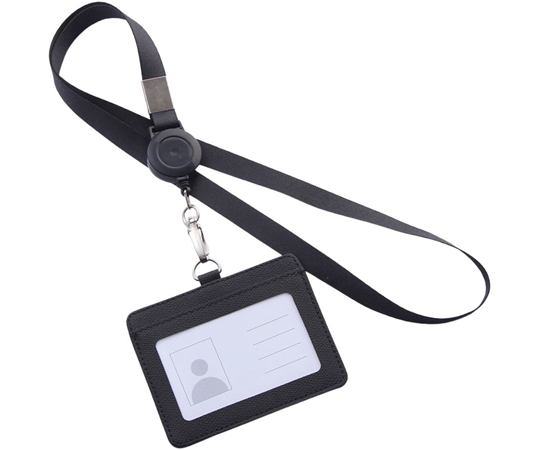 リール式平紐ネックストラップ 名刺・IDカードホルダー付き 横型 ブラック画像