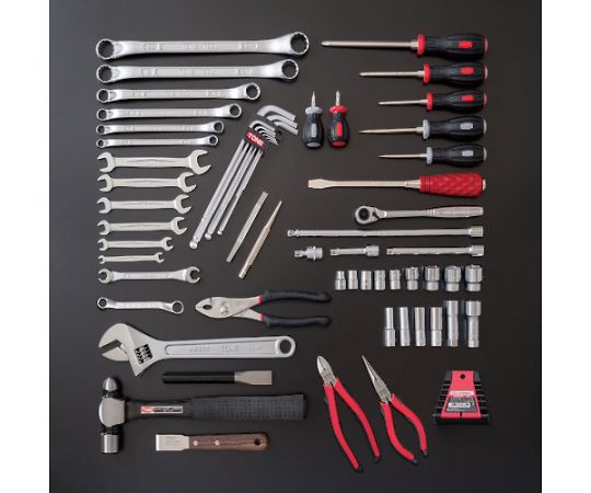 整備用工具セット ツールセット 差込角9.5mm 61点セット シルバー 工具が整然と配置されたセット、各ツールの先端が見えている状態