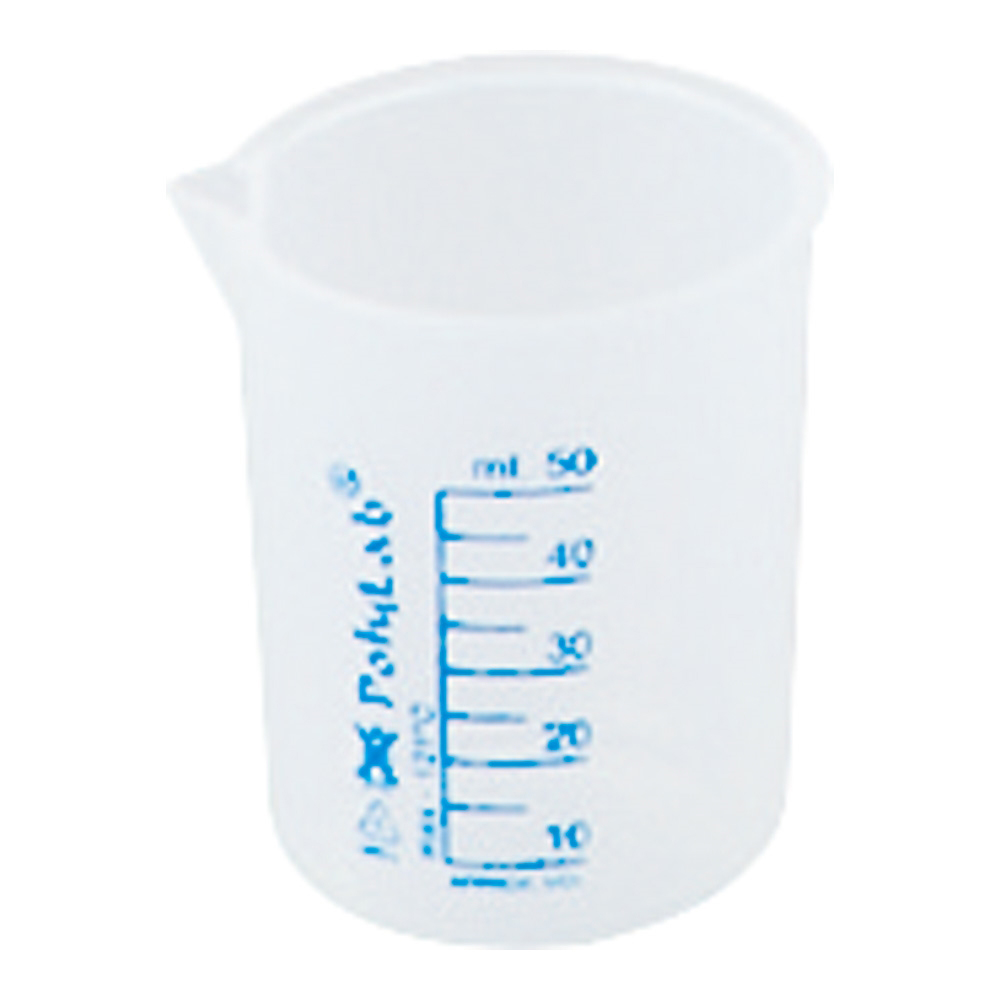 プラスチックビーカー（青目盛付き・PP製）50mL画像