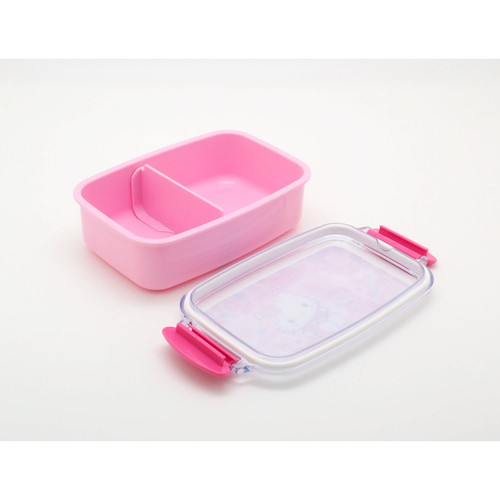お弁当箱　1段　ハローキティ　サクラ　500ml　仕切り付　ランチボックス　子供 ピンクの背景にハローキティのデザインが施されたお弁当箱の正面が見える状態