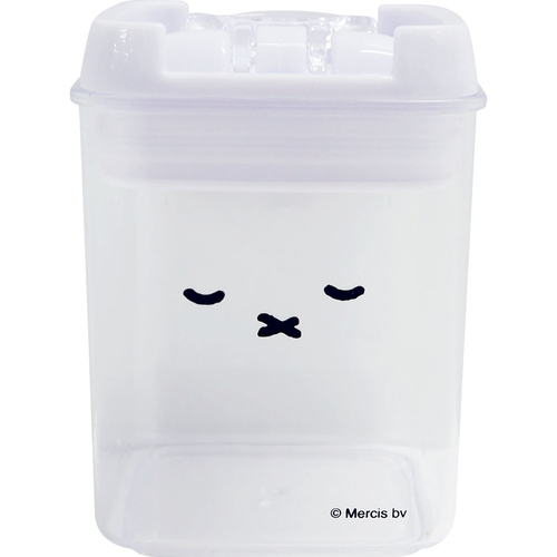 保存容器　miffy　キャニスター　おやすミッフィー 白い陶器製のキャニスターが下からの角度で撮影され、側面には可愛らしいデザインが施されている。