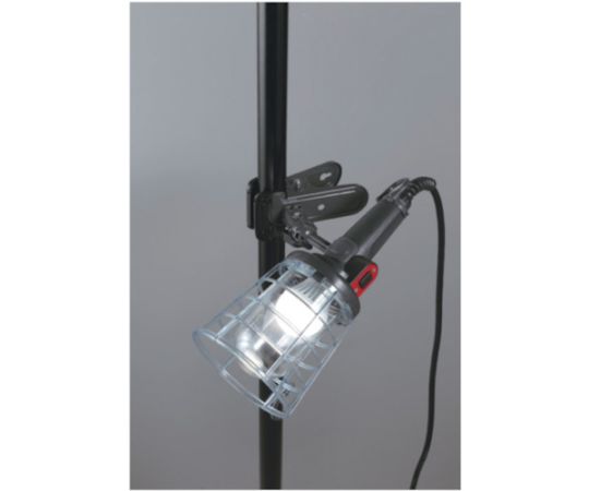 防雨型LEDケイ・ハンドランプ　7W電球形LEDランプクリップ付　5m クリップで固定された防雨型ランプが前面に映り、明るい光を放っている状態