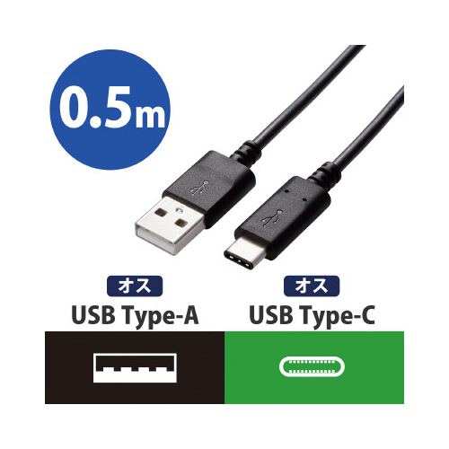 USB2.0ケーブル(A-C) 0.5mブラック 柔らかな曲線でまとめられた黒いケーブルの全体像