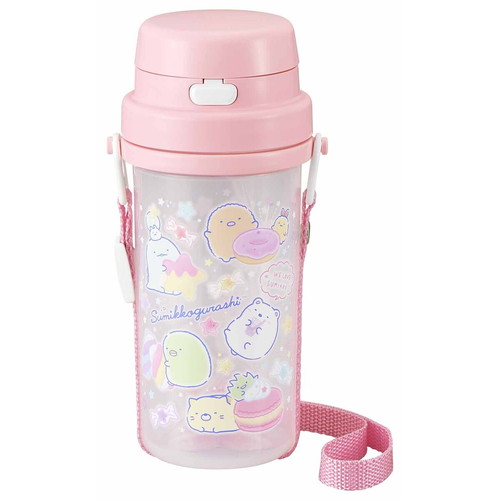 水筒　ストローボトル　370ml　すみっコぐらし 可愛いキャラクターがデザインされたストローボトルの正面が見える状態。