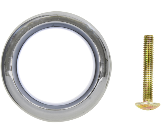 PCクロームつまみ 38mm 白 白い38mmのクローム仕上げのつまみが平らな面に置かれ、光を反射している様子