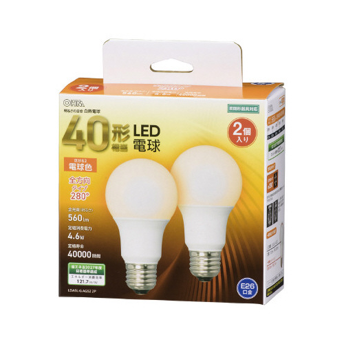 ＬＥＤ電球　Ｅ２６　４０形　全方向　電球色　２個入画像