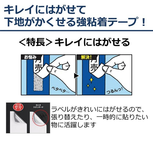 ネームランド　はがせる強粘着テープ銀24mm黒文字 パッケージの上部が開いた状態で、黒い文字ラベルが目立つ姿