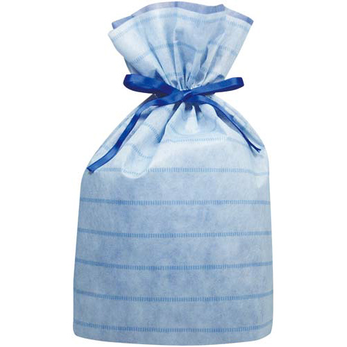 不織布巾着袋（底マチ付）ボーダーブルーＬ　１０枚画像