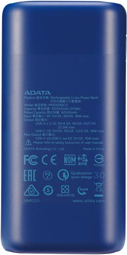 10000mAh モバイルバッテリー ブルー 横向きに置かれた青色のスマートフォン用充電器、側面にポートが見える状態