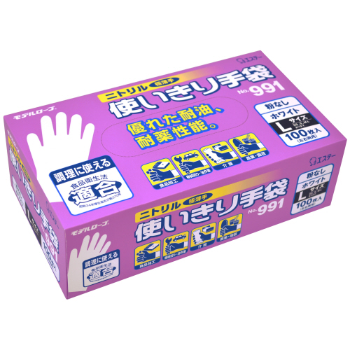 ﾓﾃﾞﾙﾛｰﾌﾞNo.991ﾆﾄﾘﾙ使いきり手袋 粉無 L ﾎﾜｲﾄ 1ｾｯﾄ(300枚:100枚×3箱)画像