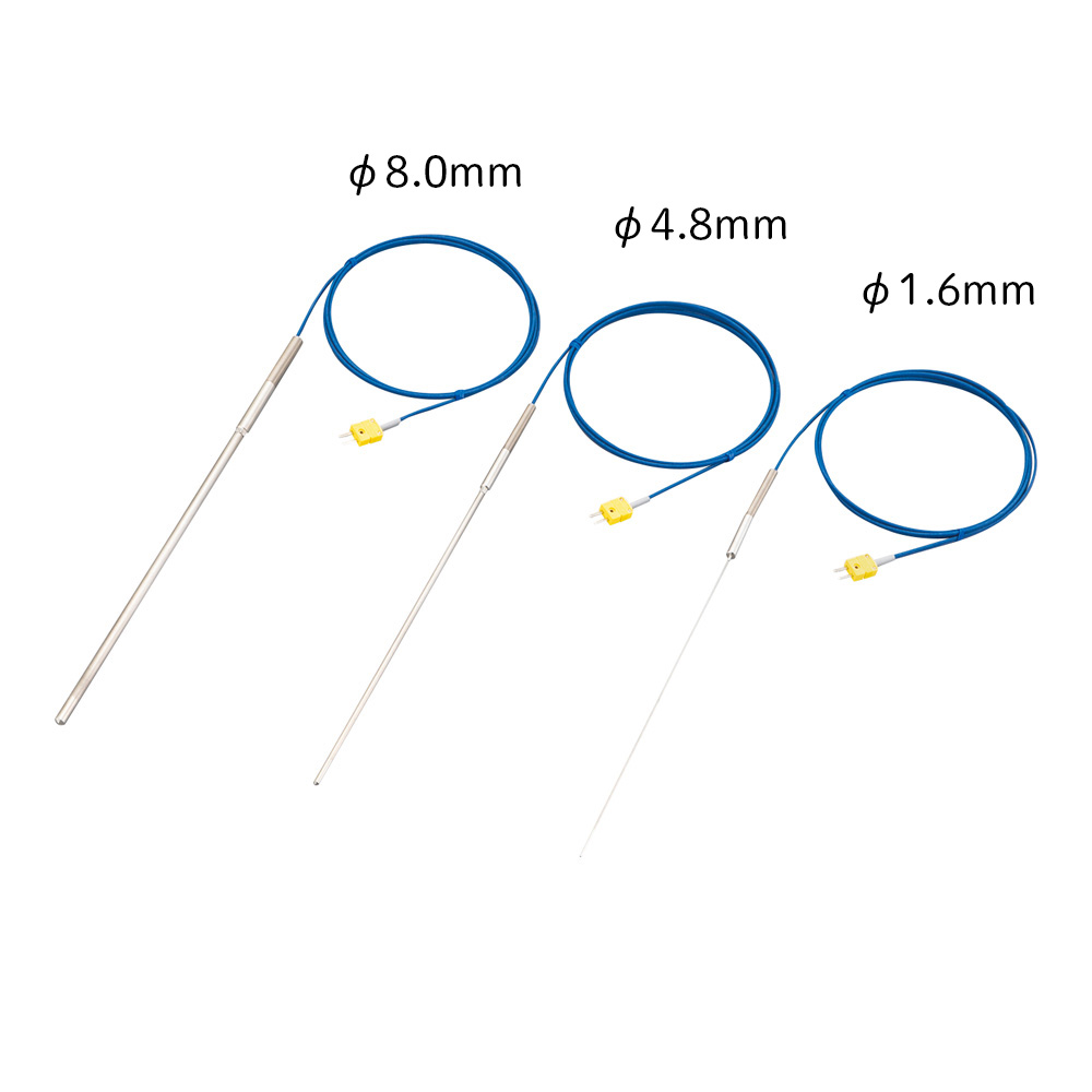 Kシース熱電対(高温度・インコネル(R)タイプ) 0～650℃ φ1.6mm×3000mm 高温度用の長い金属製シースが側面から見える状態