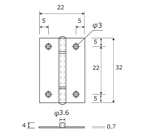 カラー丁番　32mm　ゴールド　2枚入 光沢のある金色の丁番が2枚並んでいる状態、パッケージの一部が見える角度。