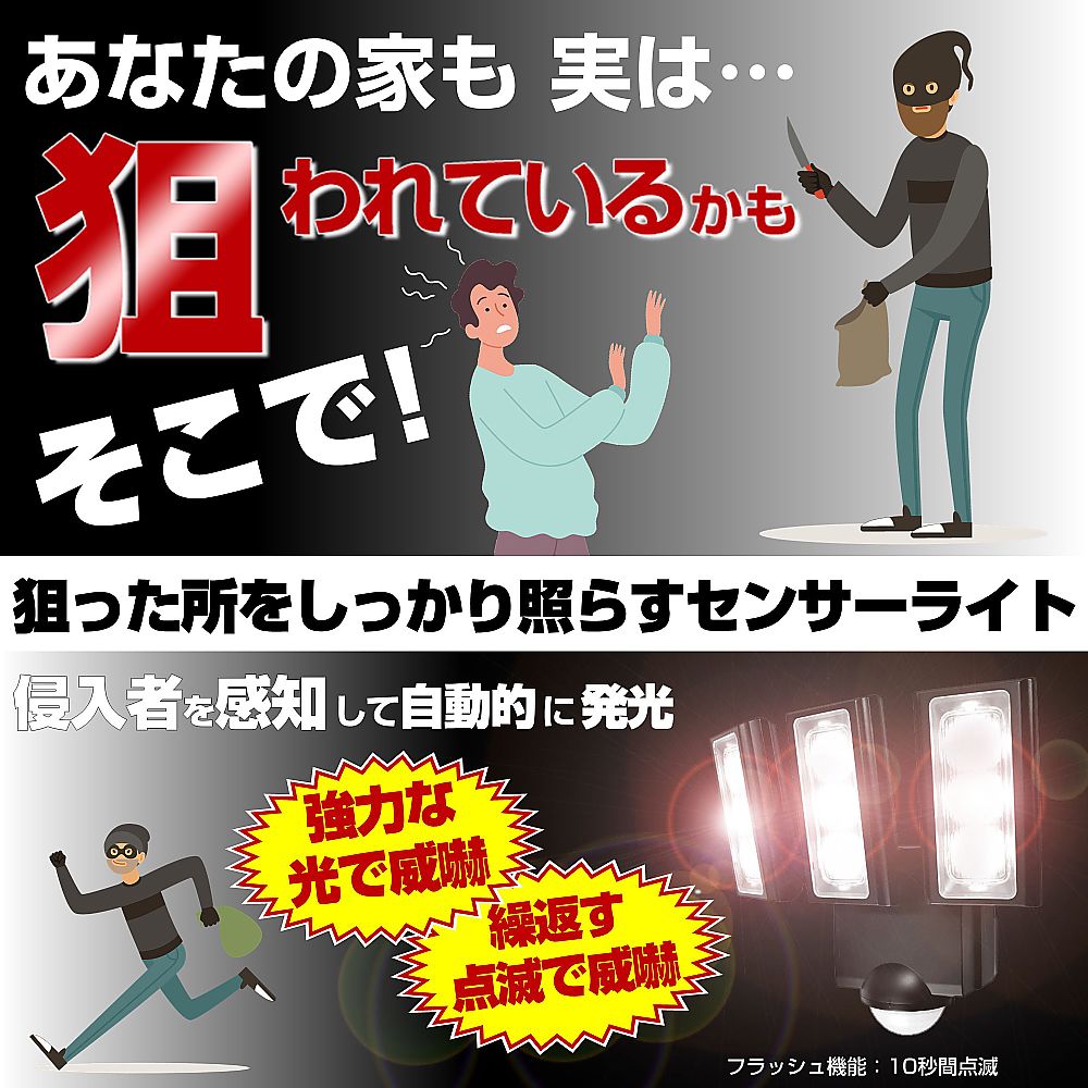 乾電池式　センサーライト 明るいLEDが点灯しているセンサーライトの横からのアングル
