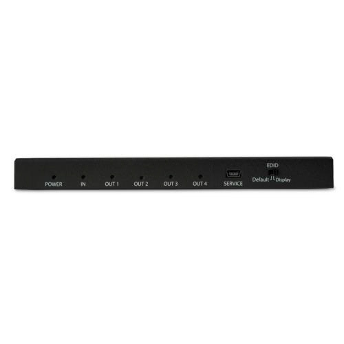 HDMI分配器　1入力4出力　4K/60Hz　HDMI　2.0　スプリッター　HDR　1台 黒い筐体の分配器が上面からの角度で撮影され、4つの出力ポートが並ぶ様子が見える状態