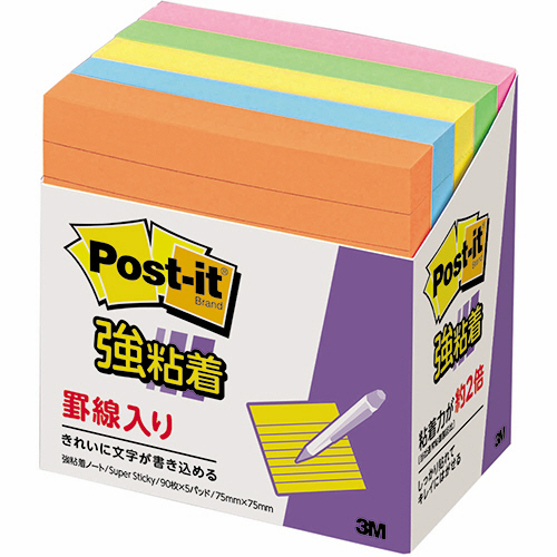 ﾎﾟｽﾄ･ｲｯﾄ 強粘着ﾉｰﾄ ﾗｲﾝﾉｰﾄ 75×75mm ﾈｵﾝｶﾗｰ5色 1ﾊﾟｯｸ(5冊)画像