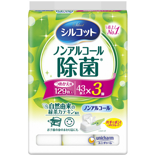 ｼﾙｺｯﾄｳｪｯﾄﾃｨｯｼｭ ﾉﾝｱﾙｺｰﾙ除菌 つめかえ用 1ﾊﾟｯｸ(129枚:43枚×3個)画像