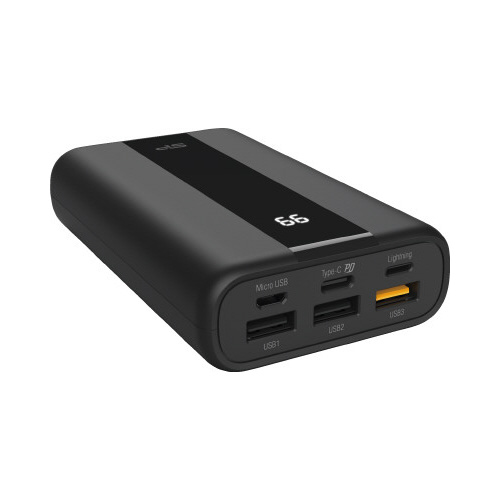 モバイルバッテリー　20000mAh 黒いモバイルバッテリーが持ち手とケーブル付きで配置された様子