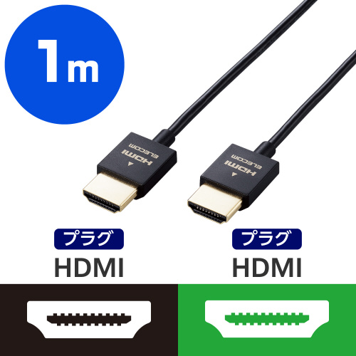 ハイスピードHDMIケーブル 1m スリム 黒 細長い形状で、光沢のある黒い表面が目を引くケーブルが真上から見える状態。
