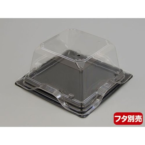 フルーツ容器 バイオカップ キューブ 13-60B ゲイト 穴4H リスパック 透明なカップが上から見える状態で、底面には4つの穴が空いている。