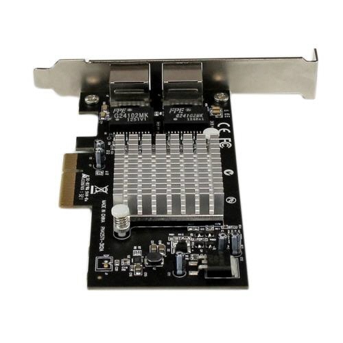 ギガビットイーサネット　2ポート増設PCI　Express　x4　インターフェースカード　1個 基板の上面が鮮明に見える状態で、2つのポートが並んでいる。