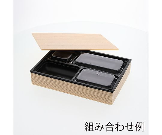 弁当容器 ワン折重 共蓋 81×55 杉 25枚入 透明なフタが付いた、重ねて積むことができる木製の容器が整然と並んでいる様子