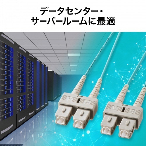 メガネ型光ファイバケーブル　SC×2-SC×2　3m　マルチモード50μm　OM3　アクア　1本 透明なチューブに収められた光ファイバケーブルが束ねられた様子
