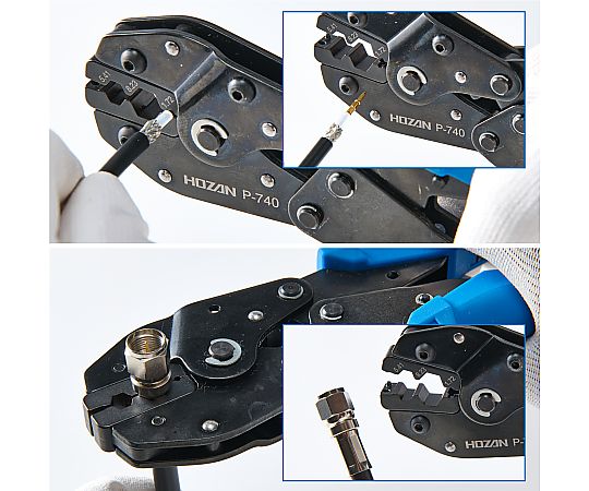 圧着工具 BNCコネクター用　6.5/9.2㎜ 工具が横向きで置かれ、グリップ部分がしっかりと見える状態