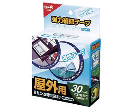 強力補修テープ ストームガードクリヤー（30mm×2m） 透明な補修テープがパッケージに入った状態で、裏面とテープの説明が見える。