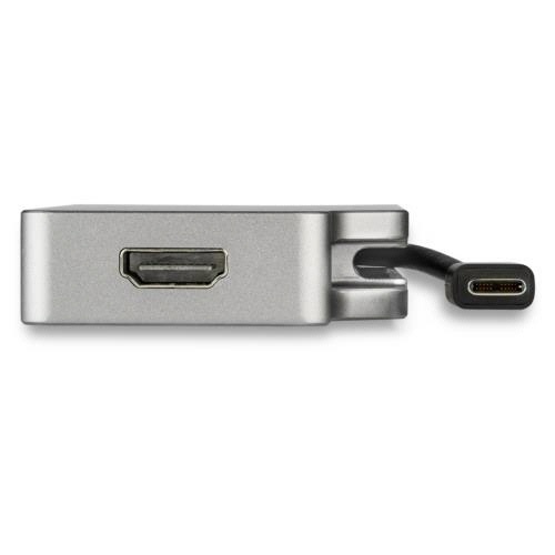 4in1　USB　Type-C接続マルチディスプレイアダプタ　スペースグレー　1個 製品が上から見える状態で、コネクタ部分が鮮明に強調されている。