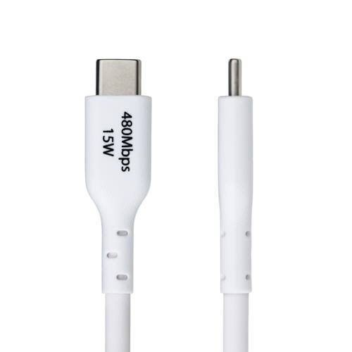 USB2.0ケーブル　Type　A(オス)-Type　C(オス)　3m　ホワイト　1本 直線的に伸びたホワイトのケーブルが平らに置かれている様子
