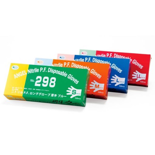 ニトリル手袋 No.298 ニトリルP.F.ロンググローブ厚手 ブルー M サンフラワー画像