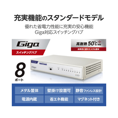 スイッチングHub 8P 金属 磁石 電源内蔵 白 磁石で固定された白い金属製の筐体が横向きに置かれている状態