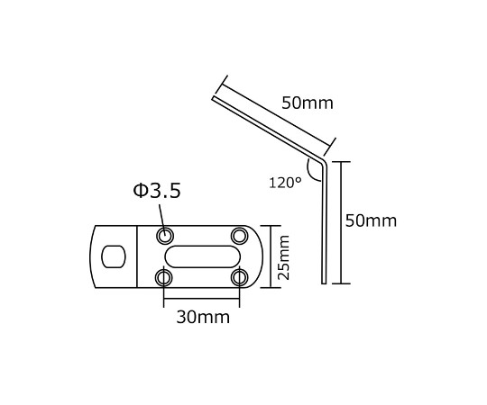 補助金具ステンレス　L型　斜め　長さ50×50mm 斜めに配置されたステンレス製のL型金具が2つ並ぶ様子