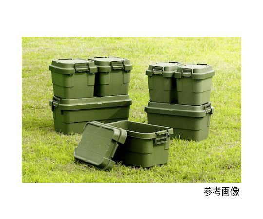 トランクカーゴ フラット天板仕様 20L ОD色 フラットな天板を持つオリーブ色の収納容器が横向きに置かれている様子