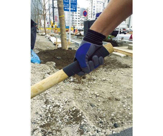 グリッピング人工皮革手袋（袖口ゴム・マジックタイプ） X-TGRIP スタンダード ブルー/ブラック L 側面からの視点で、指先が認識できる手袋の状態