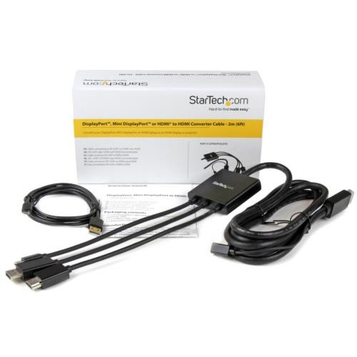 HDMI/DisplayPort/Mini　DisplayPort-HDMI変換ケーブル　2m　ブラック　1本 黒いケーブルが平らに広がり、コネクタ部分がはっきりと見える状態