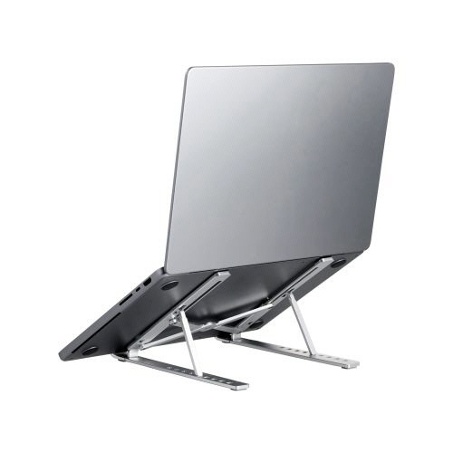 ポータブルノートPCスタンド(9段階/アルミ)　10-17.3型対応　シルバー　1個 斜めから見た状態で折りたたまれたスタンド