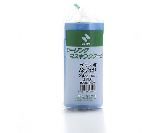 シーリングマスキングテープ（ガラス用）2541H-24　24mmX18m（5巻入り） パッケージが斜めから撮影され、テープの色とデザインが鮮明に見える状態
