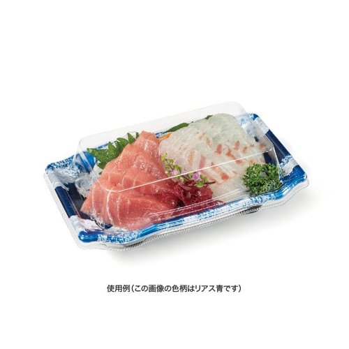 寿司容器 バイオPS うつくし盛 15BZ こうが金 リスパック 透明なパッケージに収められた、華やかな盛り付けの寿司の様子