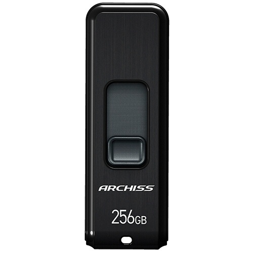 USB3.2(Gen1) スライド式フラッシュメモリ 256GB ブラック 1個 スライド式のキャップが開いた状態で、全体が黒いシンプルなデザインのフラッシュメモリが見える。